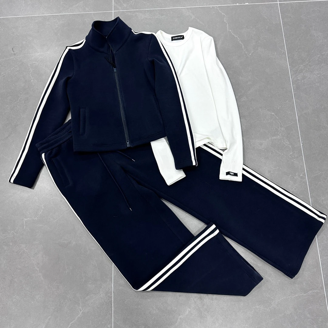 韩式搭配一整套冬装时髦时尚百搭风深蓝色立领修身开衫阔腿裤套装