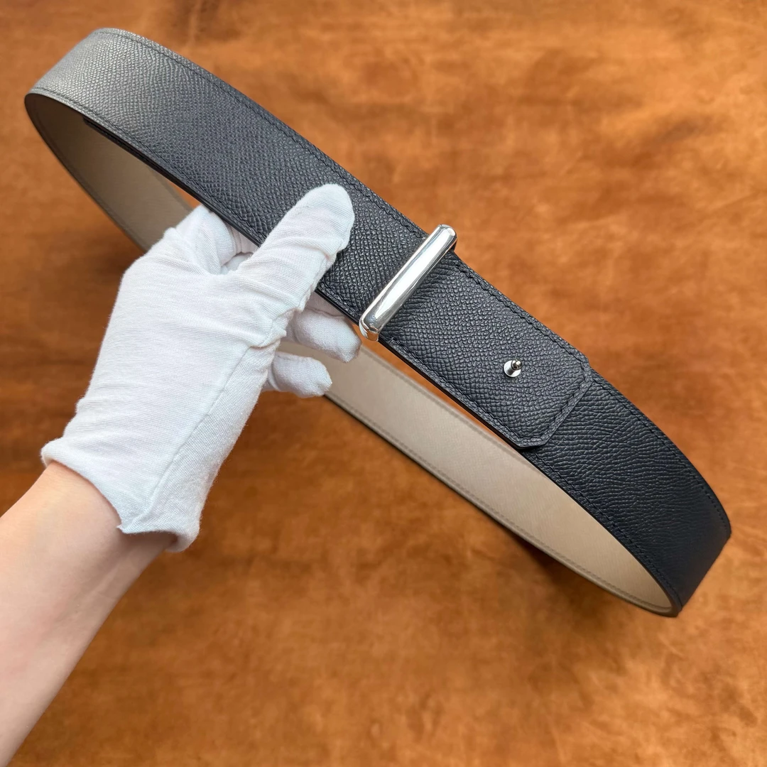 黑色EPSOM掌纹时尚百搭男士皮带【纯银圈+手掌纹双色牛皮】双面腰带