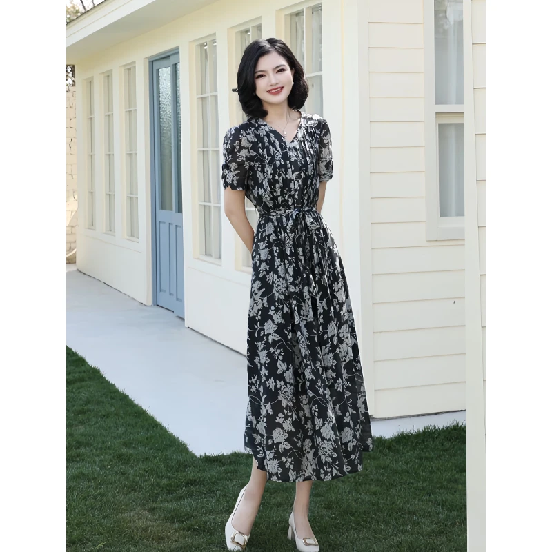 阿楠anan曼妙剪影 莱赛尔V领优雅气质印花收腰捏褶袖口女夏连衣裙