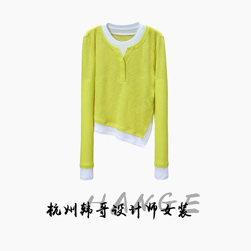 【韩哥女装】秋季设计师柠檬黄撞色拼接不规则下摆高弹上衣8650-A0