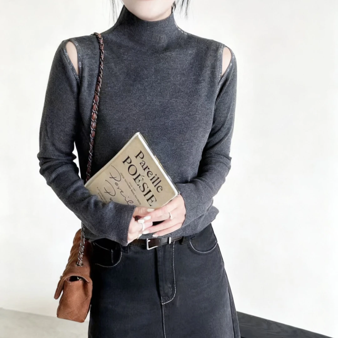 重工钻心机露肩半高领加薄绒打底上衣