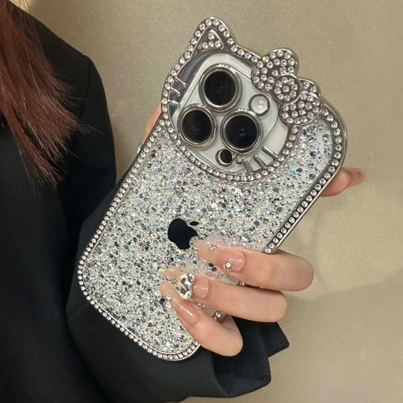 高颜值闪粉猫咪适用苹果16promax手机壳电镀iPhone15奢华14女款13