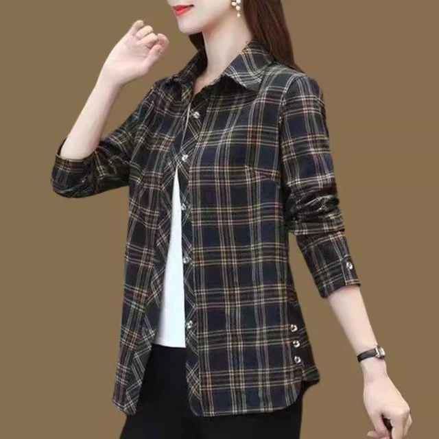 新款衬衣中年棉衬衫女小个子妈妈春装格子衬衣百搭休闲长袖上衣