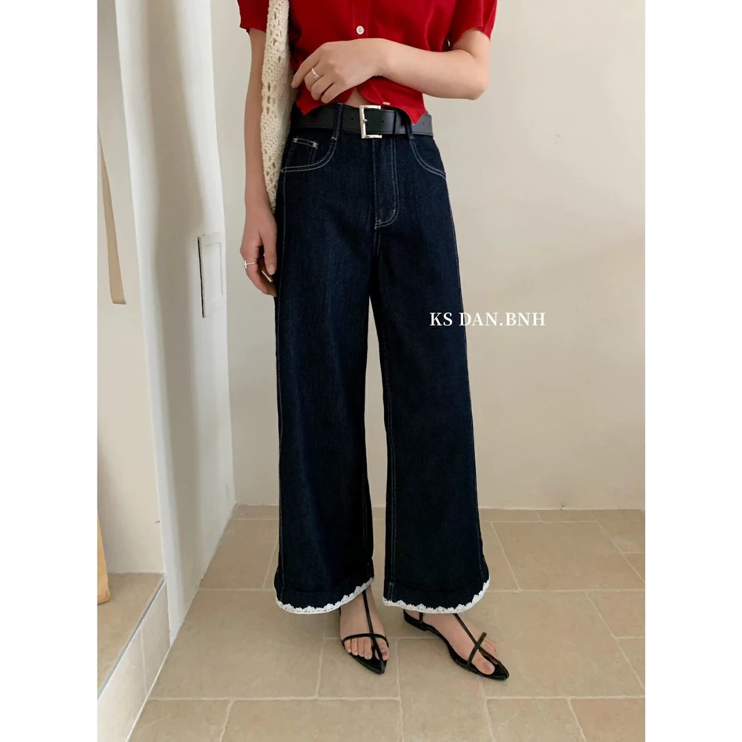 可卷边露花边牛仔裤高腰阔腿裤