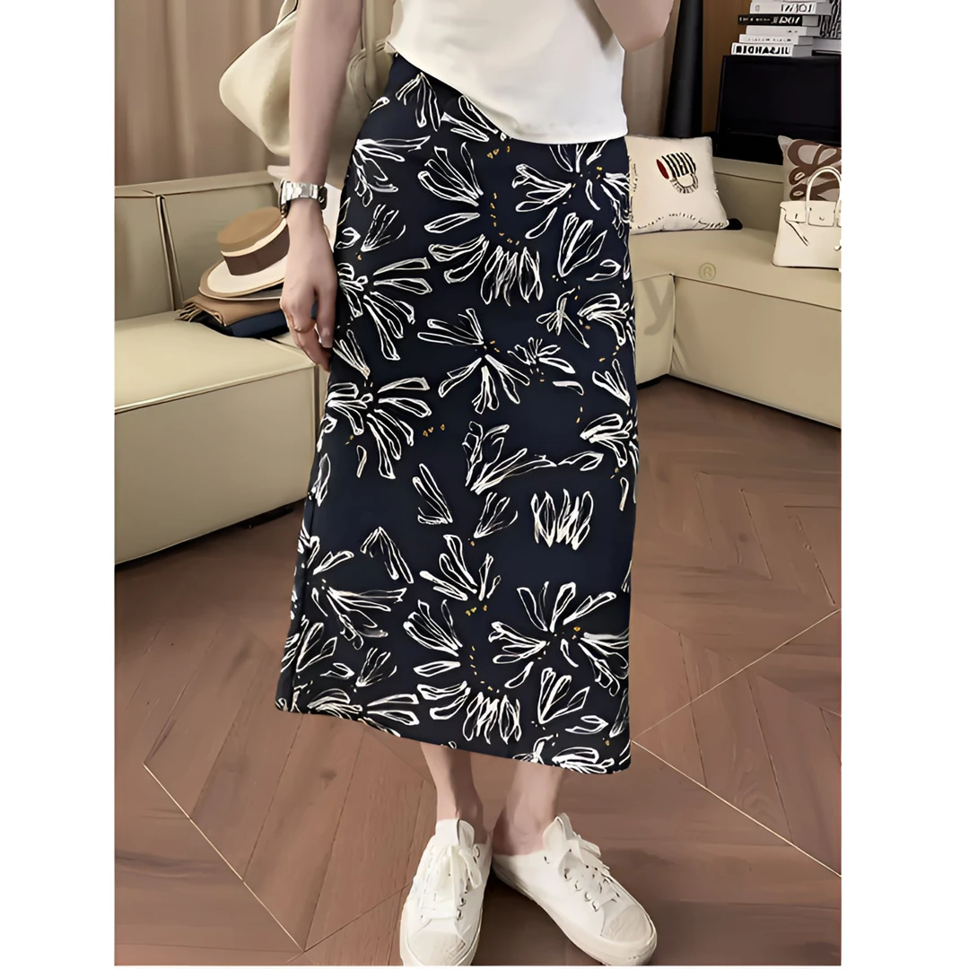 时尚碎花冰丝垂感高腰后开叉半身裙修身长款性感显瘦直筒包臀裙子