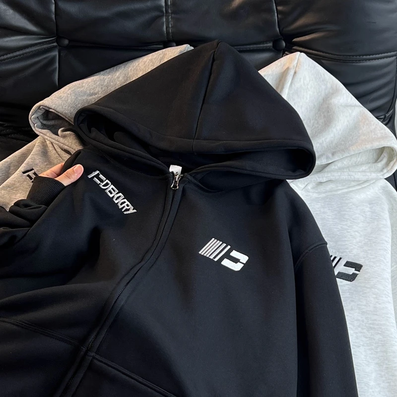 加大码300斤美式街头刺绣拉链卫衣男女秋冬潮流宽松百搭开衫外套