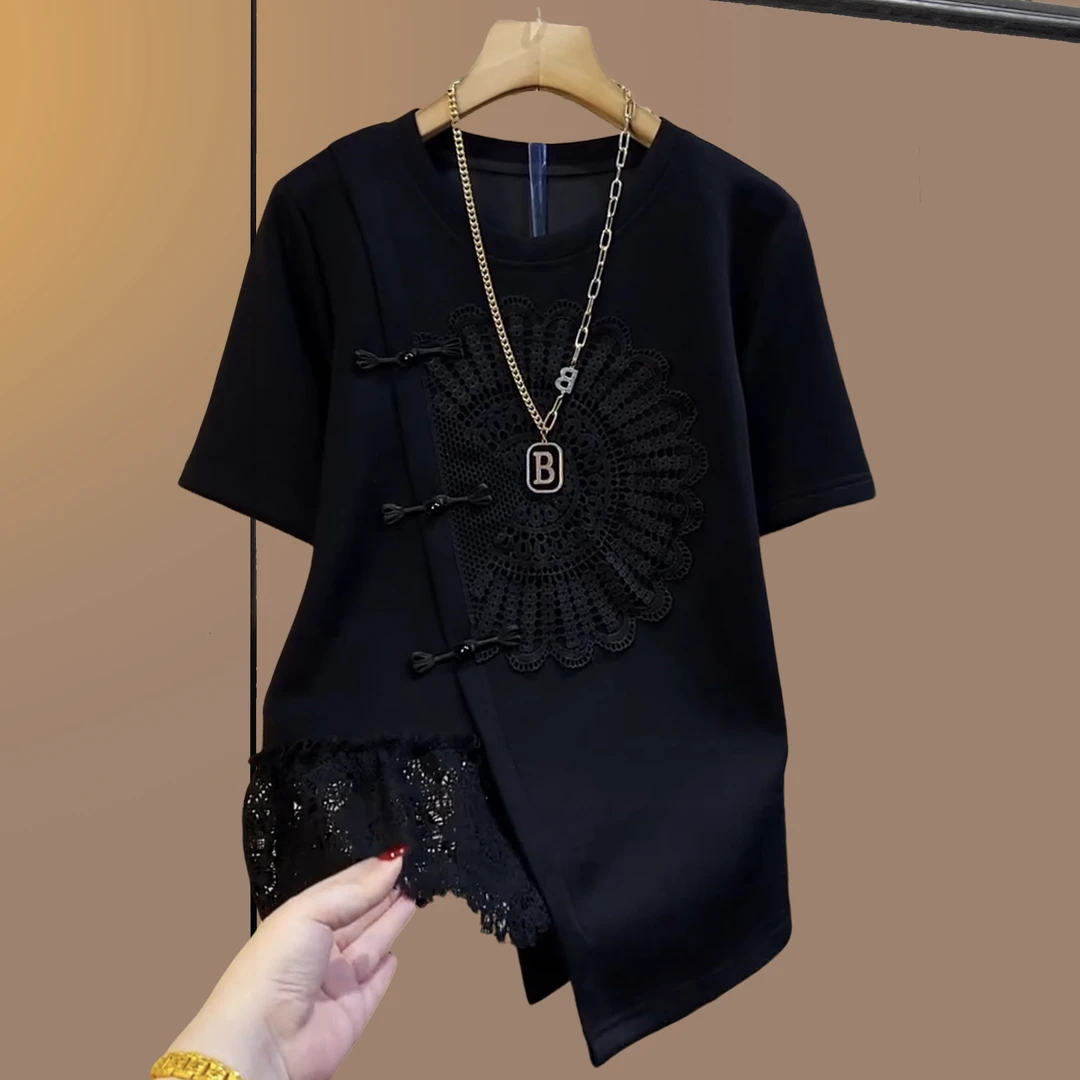 大码女装黑色短袖半袖胖妹妹遮肉显瘦宽松圆领国风上衣小衫长64