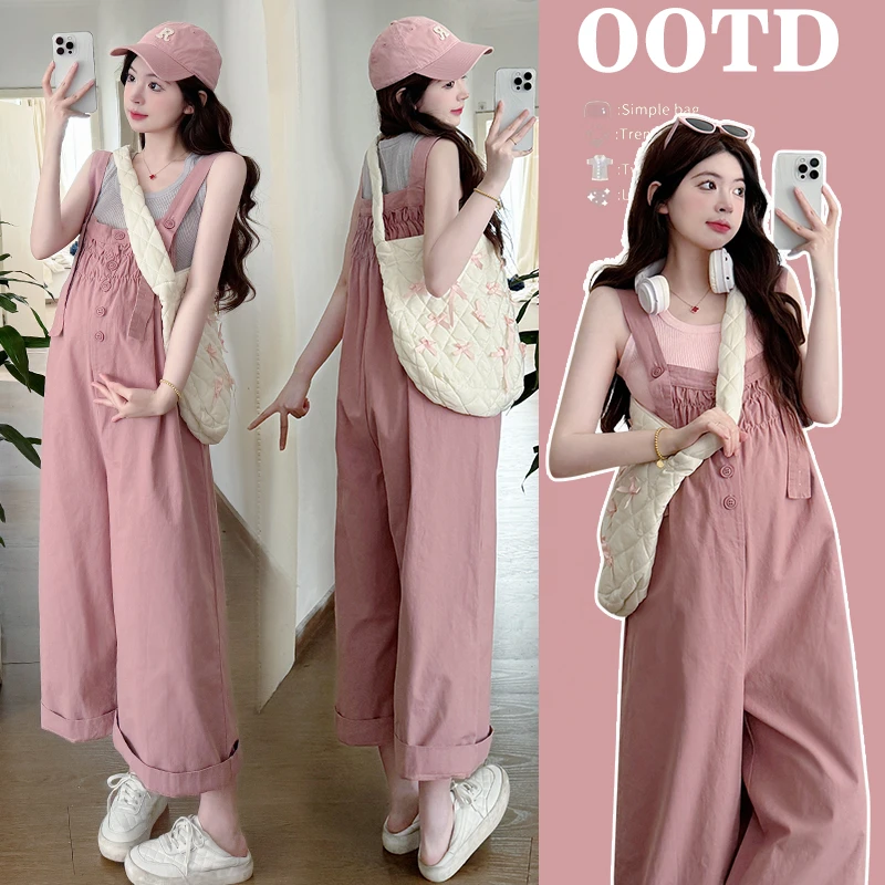 时髦孕妇装夏季网红款背带裤孕妈时尚洋气穿搭显瘦小个子休闲套装