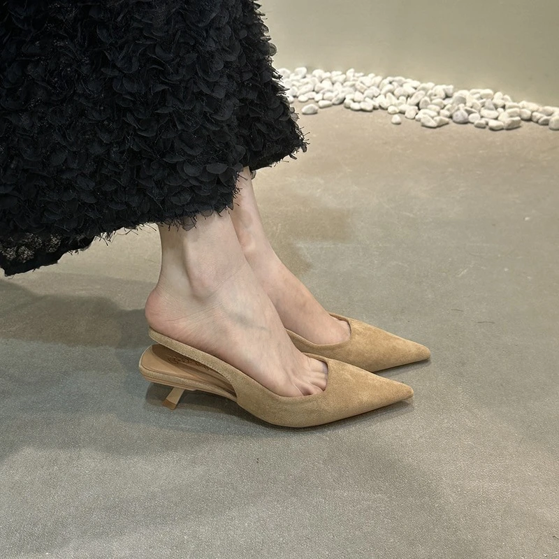 法式复古气质名媛包头尖头凉鞋女夏季绒面细跟仙女高跟鞋后