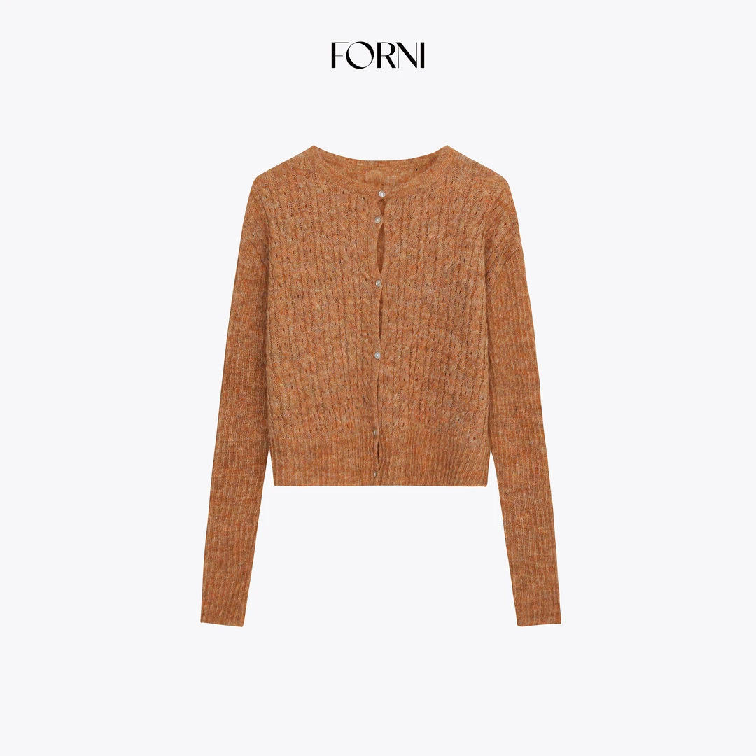 FORNI清闲衫 敲细羊毛镂空提花及简薄款V领长袖针织开衫