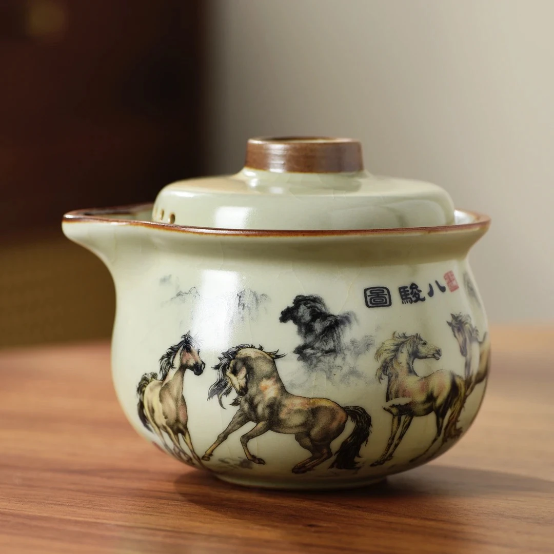 八骏图元宝手抓壶单壶茶壶汝窑陶瓷开片220毫升