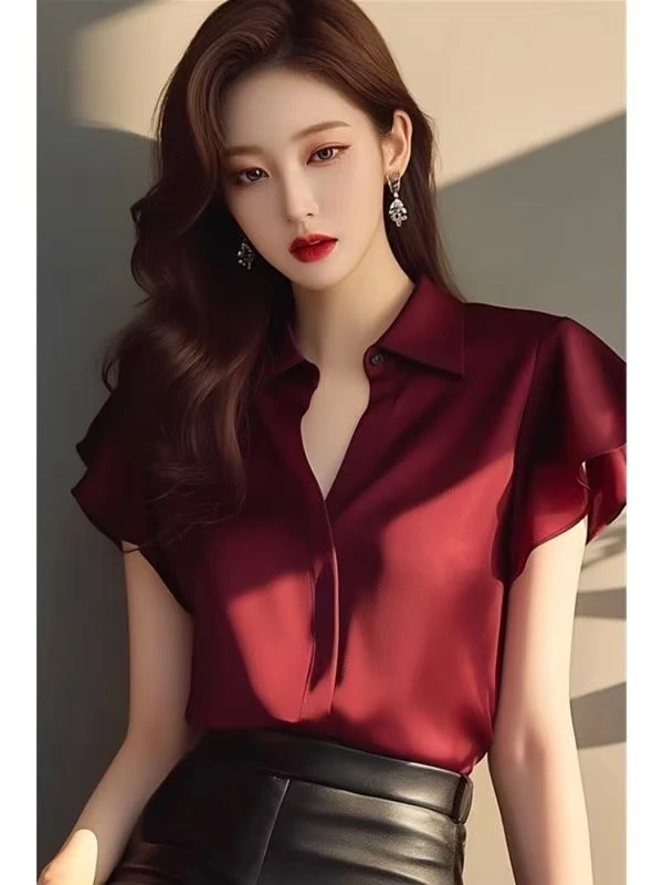 轻熟高级感红色短袖衬衫女夏款独特超好看上衣优雅气质高端衬衣