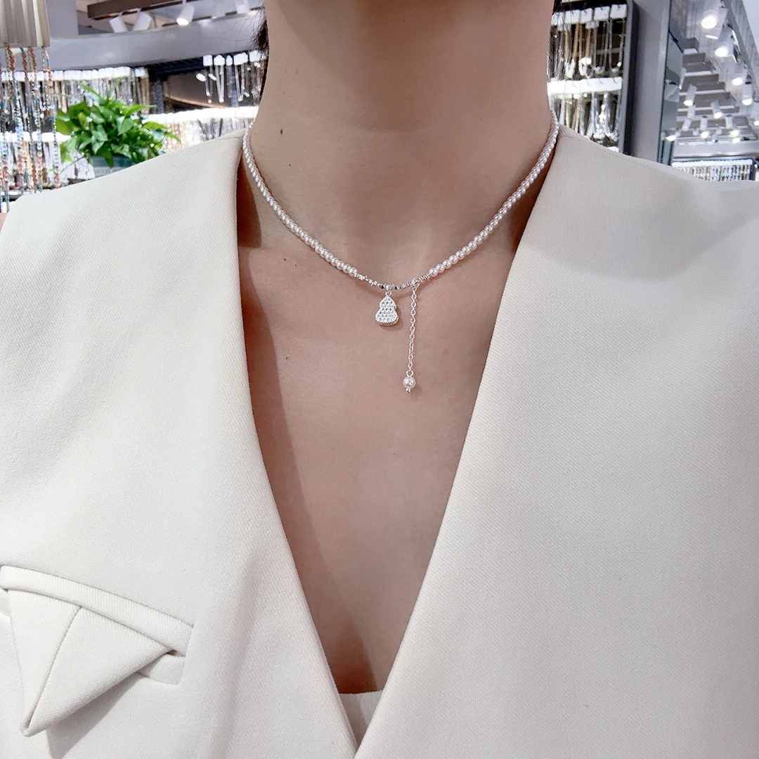 铜合金仿珍珠项链 3mm小米珠葫芦小众设计高级感轻奢时尚锁骨链