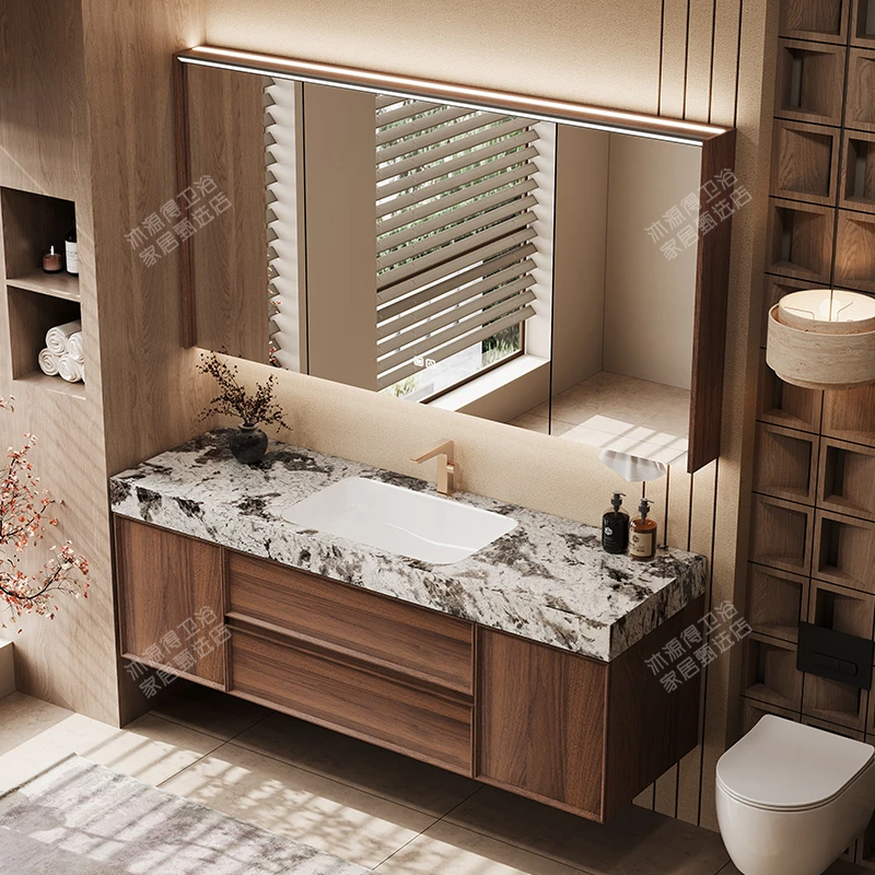 【新款】中古风黑胡桃木色实木免漆浴室柜岩板热弯无缝陶瓷一体盆