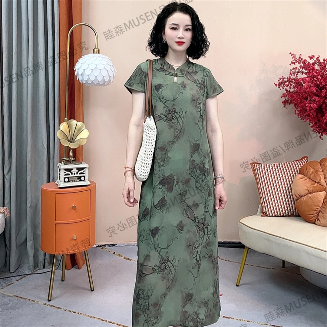 夏季旗袍新中式花色旗袍女装显瘦百搭短袖套头水滴领优雅国风气质