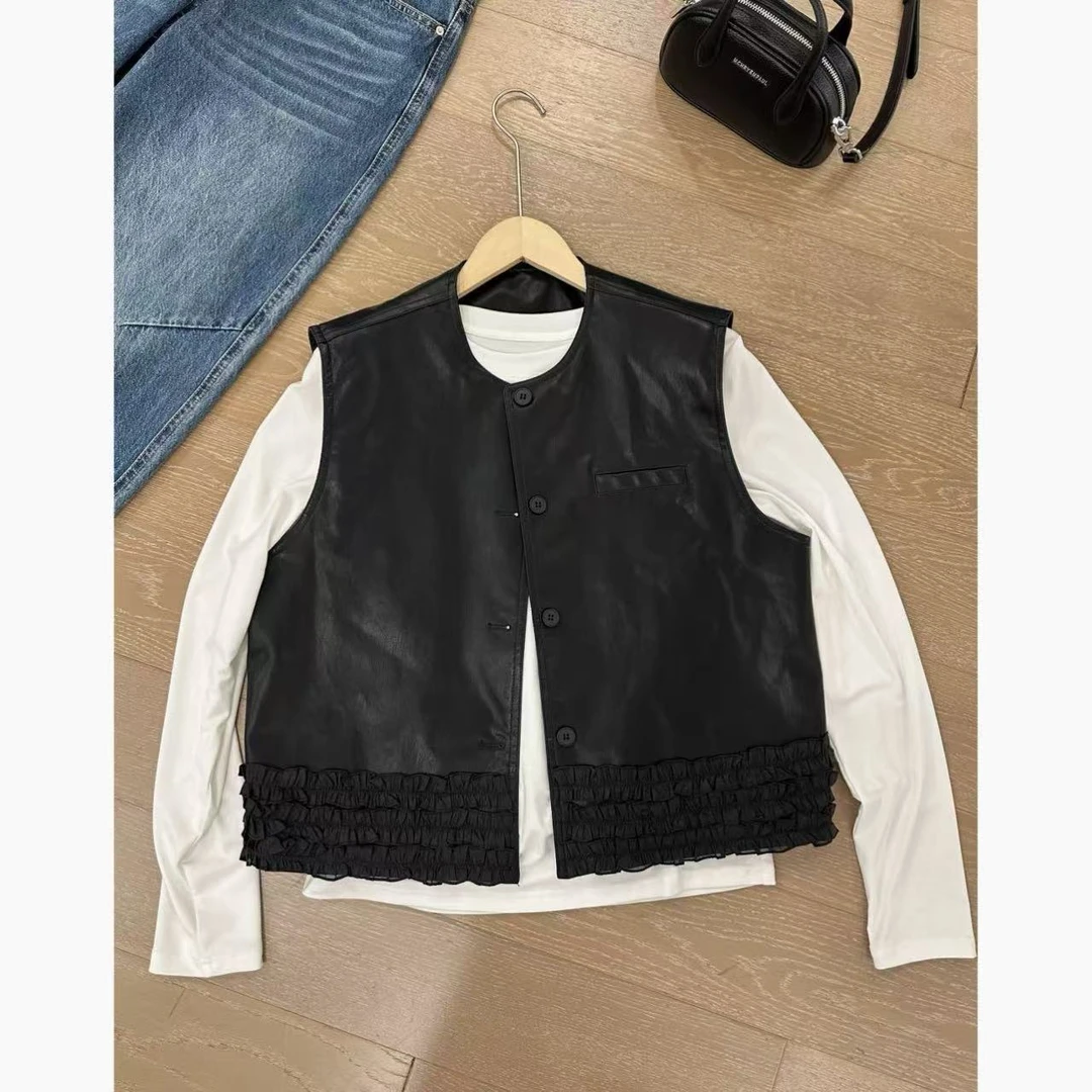 【花边皮马甲】2025春款设计感圆领上衣 2502C438