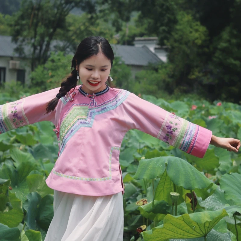粉色布依族壮族民族服装长袖民族服套装上衣民族风刺绣