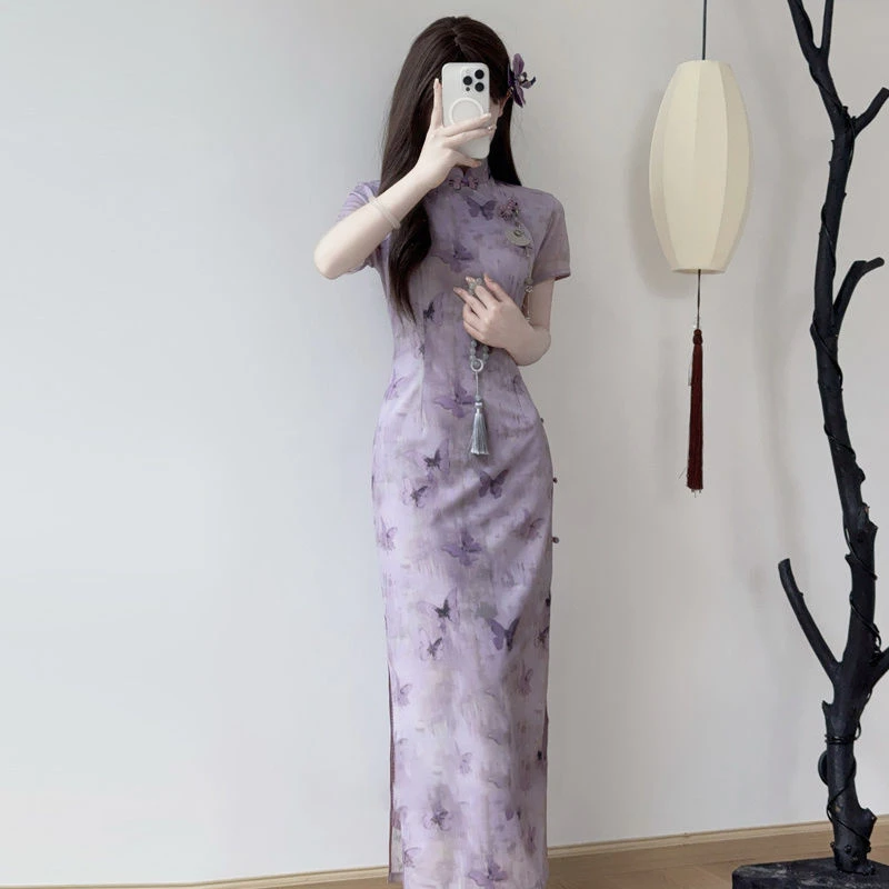 新中式国风改良旗袍连衣裙女夏2025新款高级感紫色小个子百搭裙子