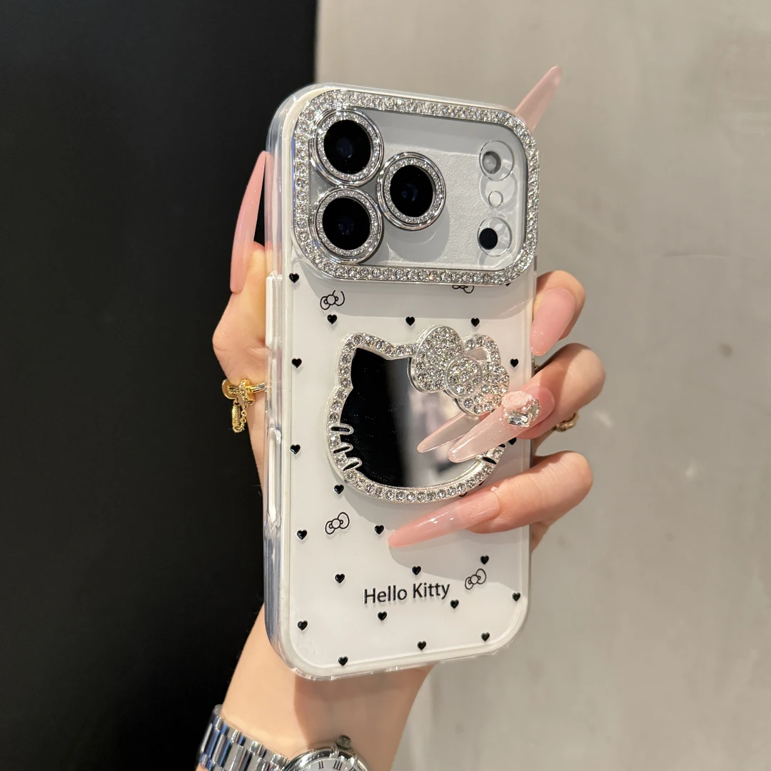 高级感立体闪钻猫咪镜子适用苹果17promax手机壳iPhone16全包15女