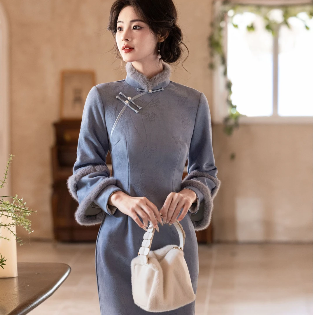 【鲸梦蓝绒】冬季新款新中式加厚气质旗袍日常款修身复古优雅