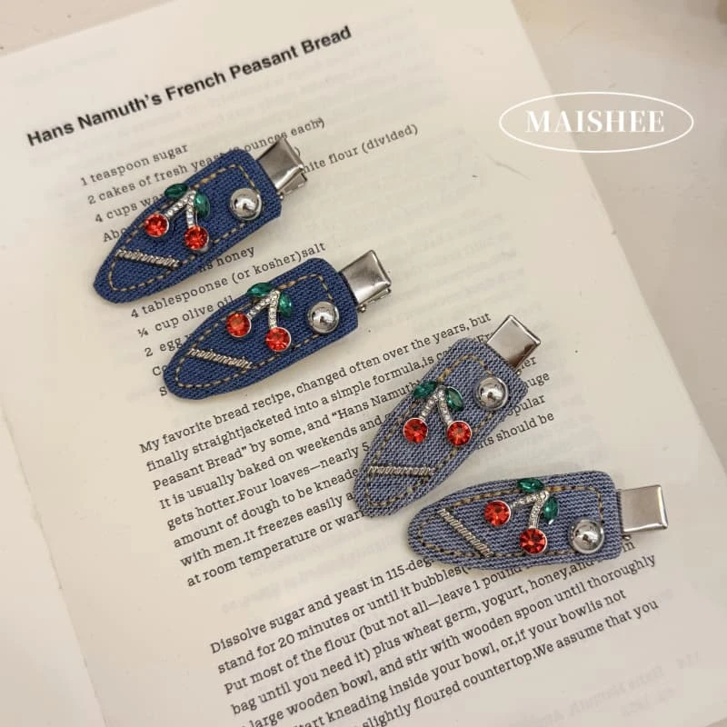 韩国新款高级感牛仔蓝发夹复古樱桃水钻发夹侧边刘海夹子Z0244