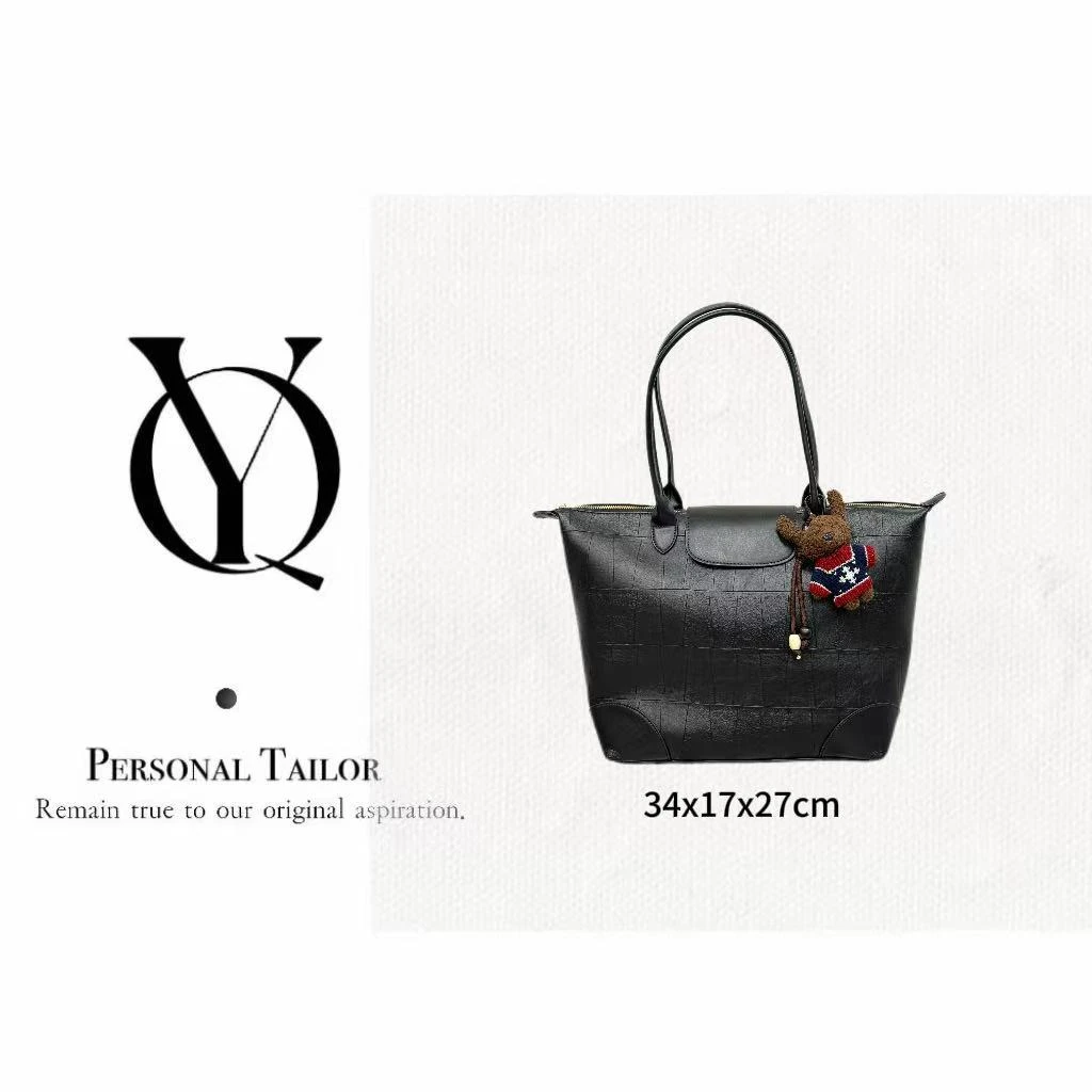 YUQIAO/【Tote】真皮腋下托特包极简风中古黑色带挂件YQ306