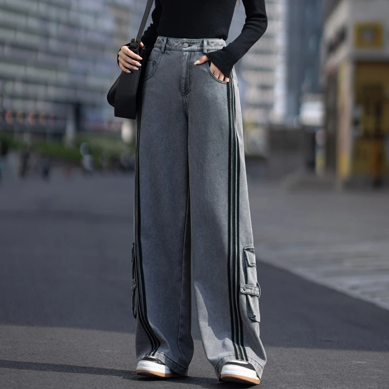 高街牛仔裤女款爆款2025新款秋冬撞色工装裤女又酷又飒直筒阔腿裤