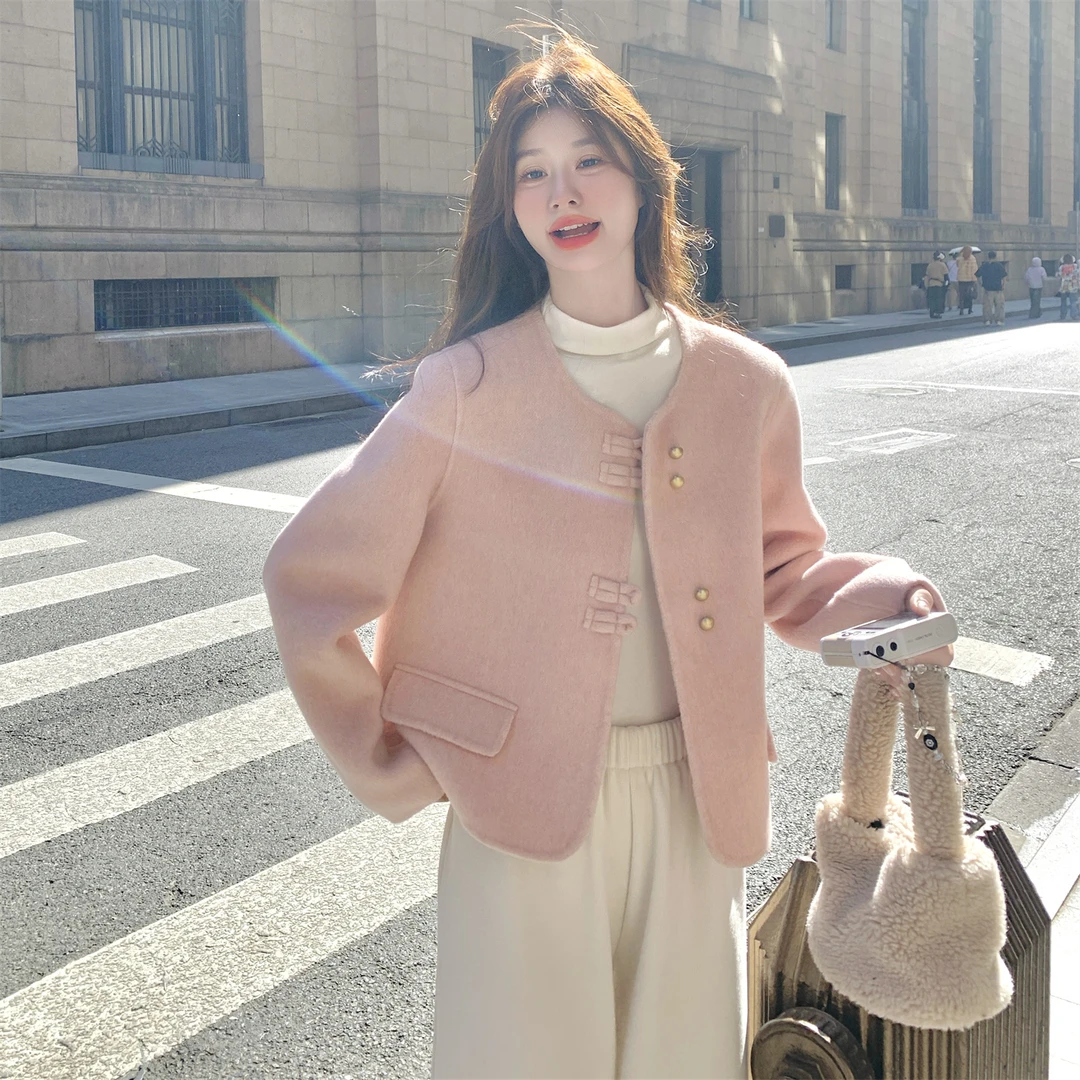 粉色法式小香风双面呢短外套女2025秋新款小个子甜美减龄呢子上衣