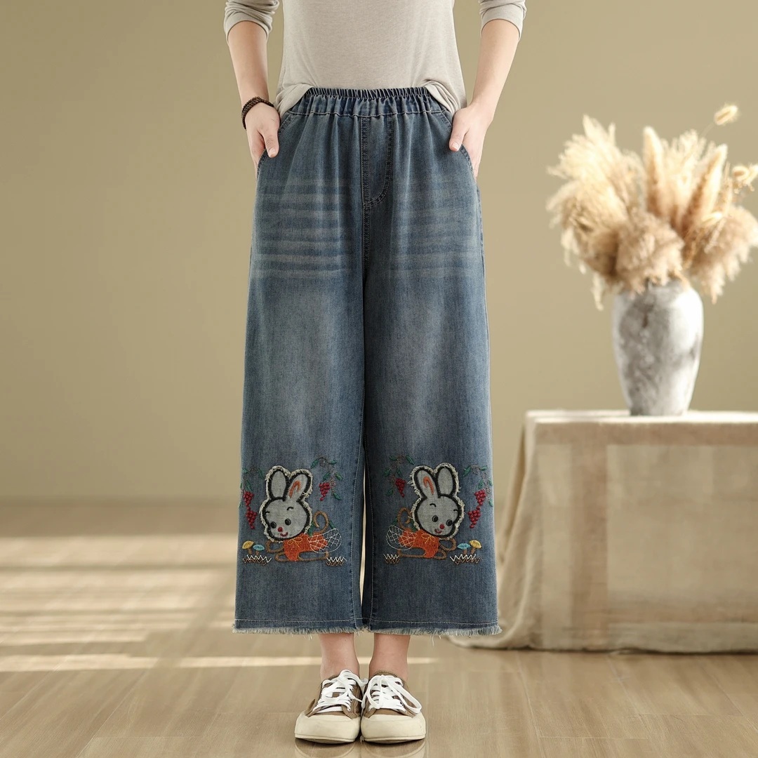 春秋新款阔腿刺绣小白兔牛仔裤女高腰宽松大码直筒八分九分休闲裤