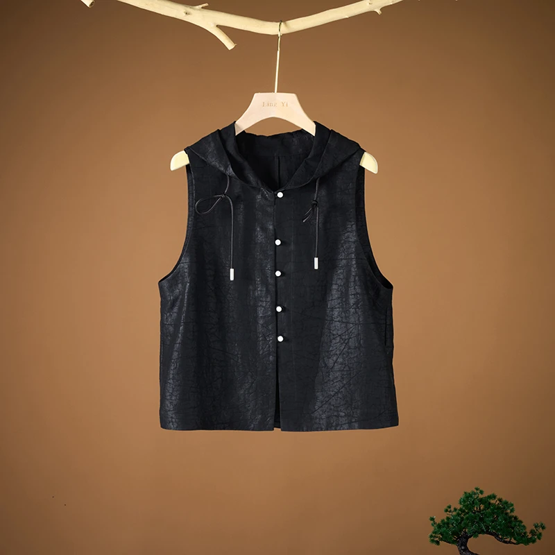 【玄翼】非遗龟裂纹真丝香云纱马甲女 无袖连帽休闲桑蚕丝马夹上衣