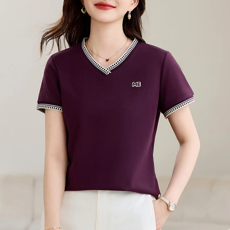 洋气V领短袖t恤夏季2025新款新疆精梳棉气质显瘦半袖上衣时尚女装