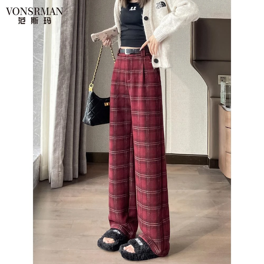 加绒裤子女士秋季2025新款宽松休闲毛呢阔腿裤高腰显瘦直筒格子裤