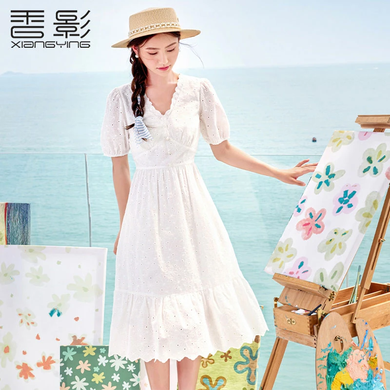 【直播专享】Q832065连衣裙 香影白色连衣裙女夏装新款法式高腰镂