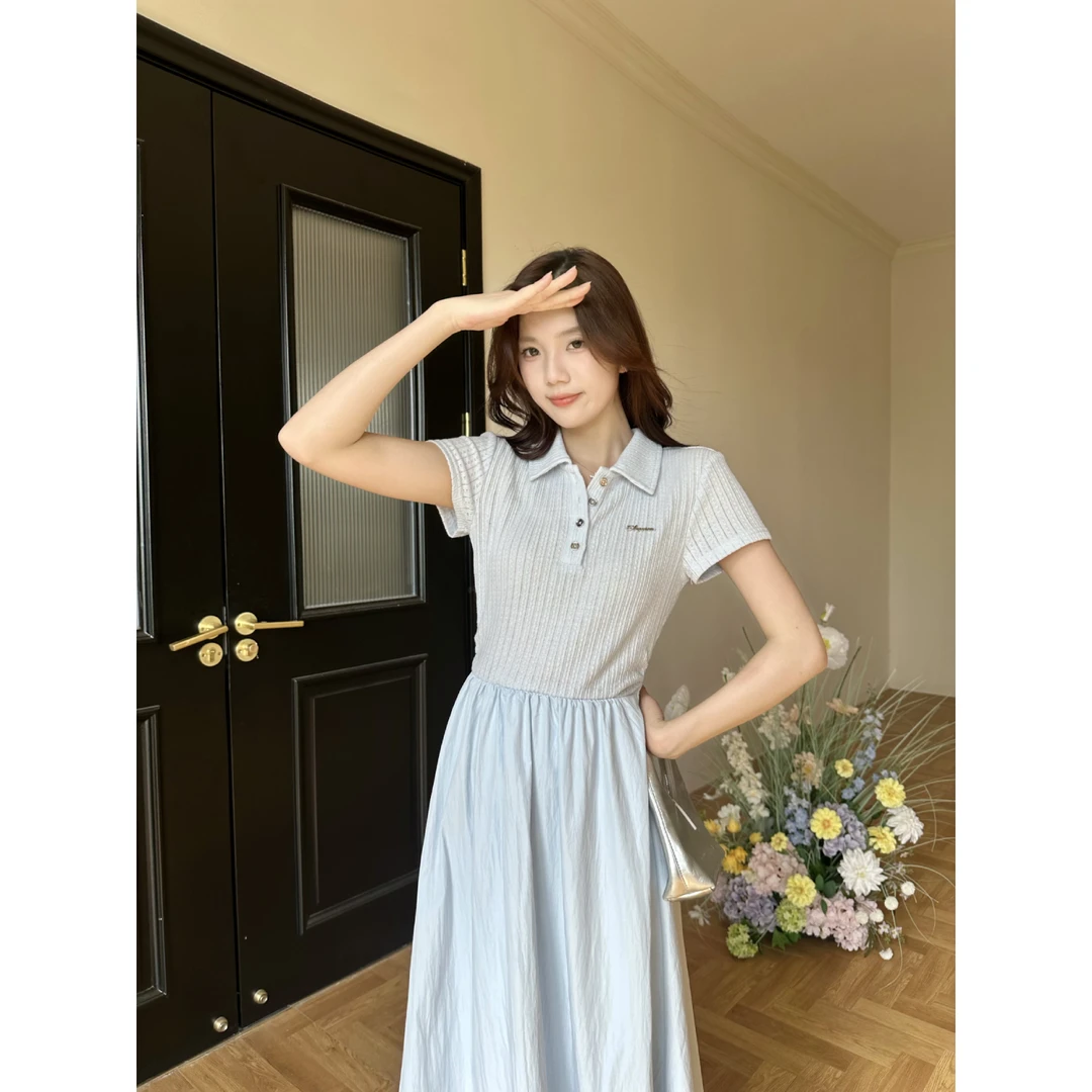 欧阳喜【蓝韵方澈】韩系学院风收腰连衣裙宽松百搭气质鱼尾摆长裙