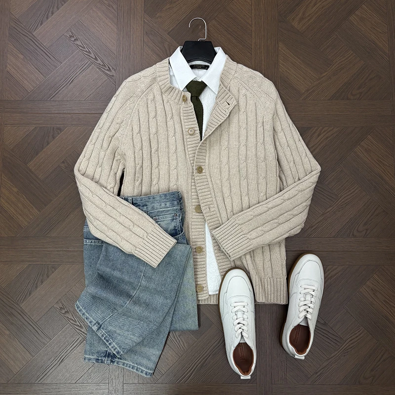 LANSIM·秋冬季男士复古绞花羊毛开衫休闲慵懒感针织衫毛衣外套