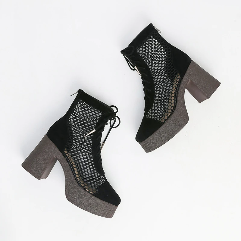 罗马鞋女高跟厚底松糕绑带单鞋粗跟凉鞋包头网纱凉靴C20D02178