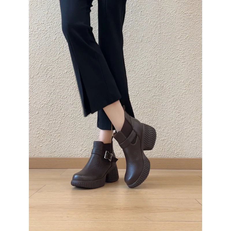 nnmiss/7.5cm小个子厚底复古圆头大象纹松紧口一脚蹬百搭短靴