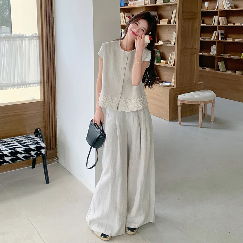 一整套ootd穿搭减龄大方得体棉麻老钱风马甲阔腿裤两件套休闲套装