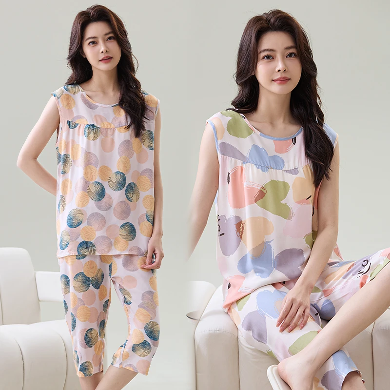 棉绸套装妈妈无袖中裤睡衣女夏季新款背心两件套时尚年轻女士外穿