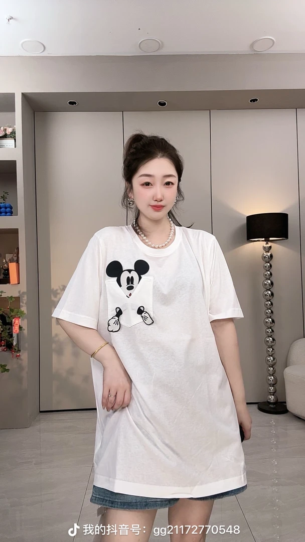 大版冰感雪花棉夏季薄款休闲潮流正肩显瘦T恤宽松中长款简约米奇