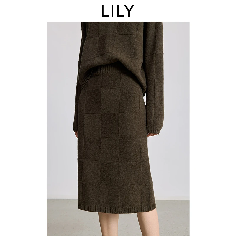 100%羊毛LILY2025冬新款复古格纹通勤直筒裙半身裙女125429C6218