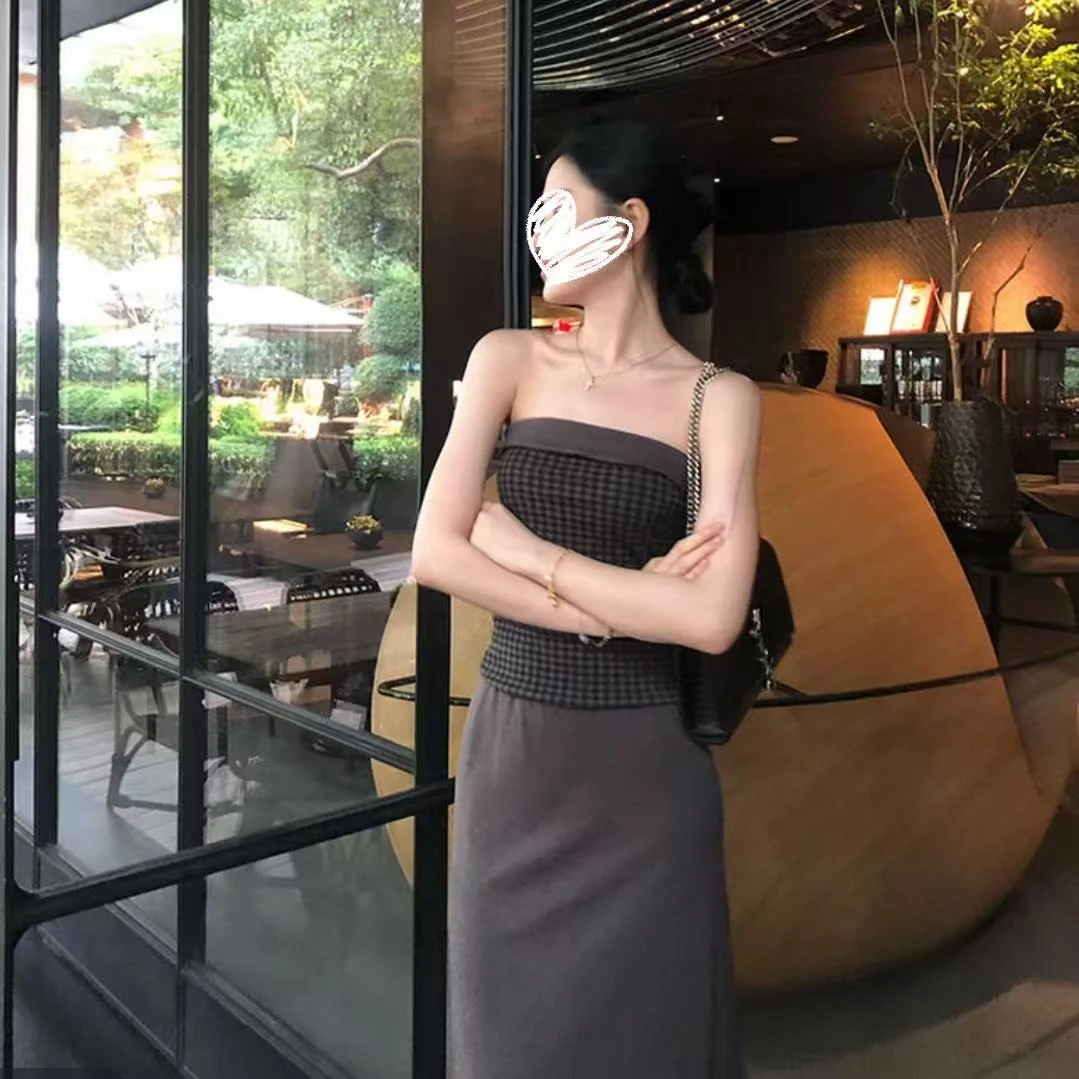 夏季新款时尚设计感正反两穿修身显瘦格子抹胸高腰百搭半身裙套装