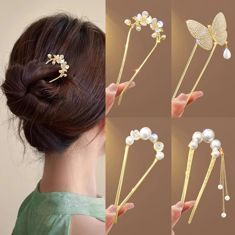 夏季新款后脑勺山茶花U形女盘发头饰汉服古风金属发簪簪子高级感