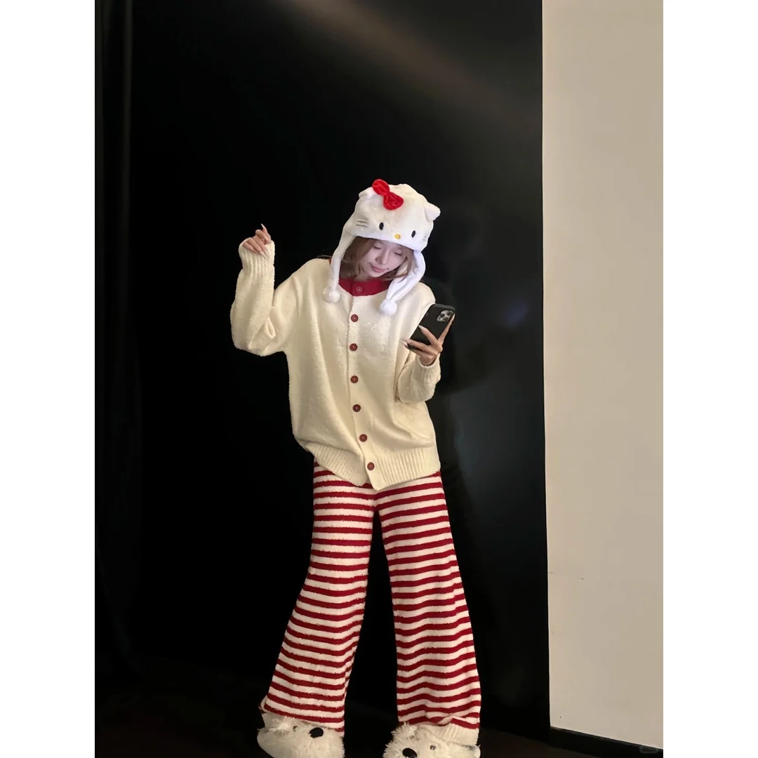 韩系甜美撞色条纹半边绒睡衣女冬季新款显白针织套装保暖家居服冬