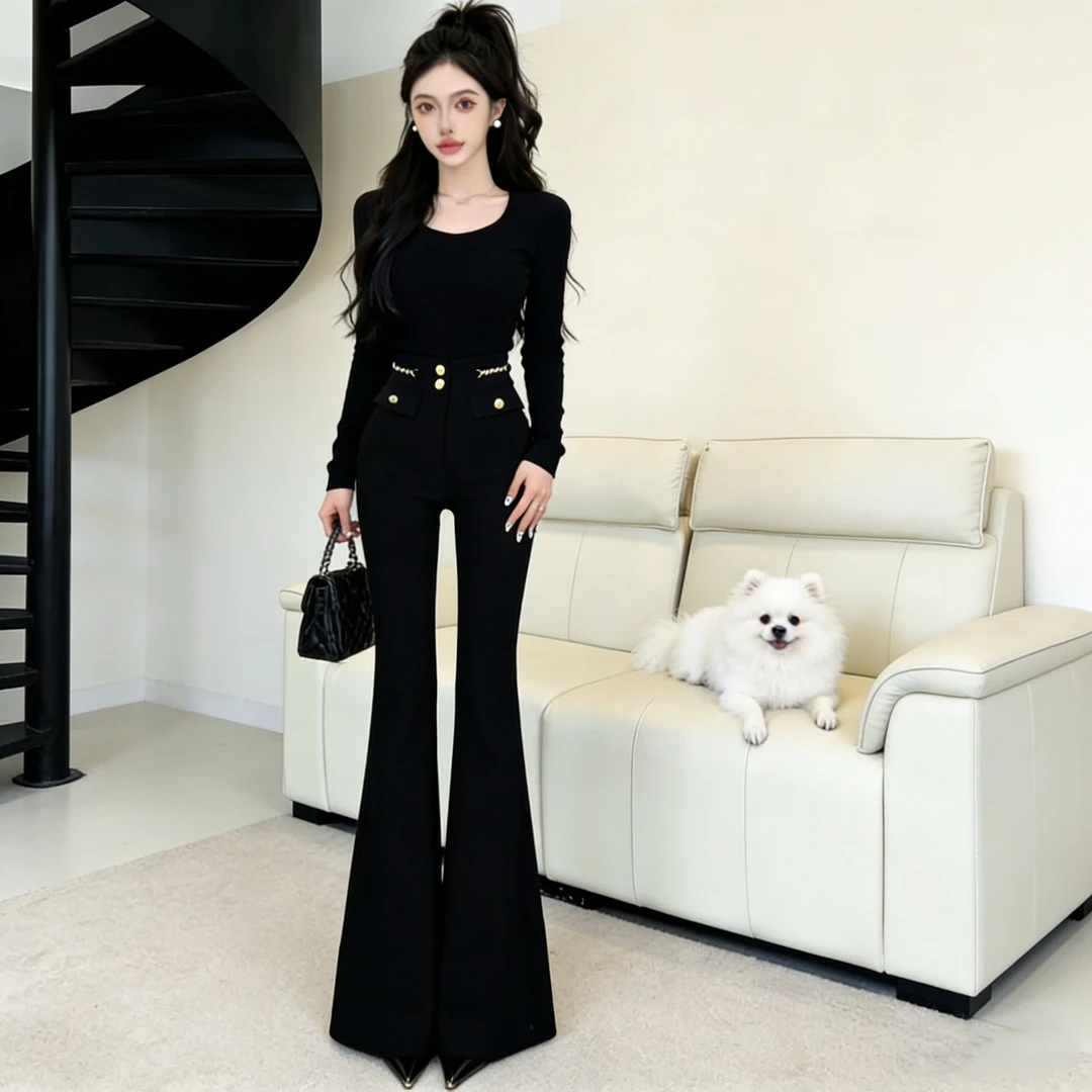 网红同款高腰喇叭裤女2025新款设计感垂感弹力紧身马蹄裤长裤8772