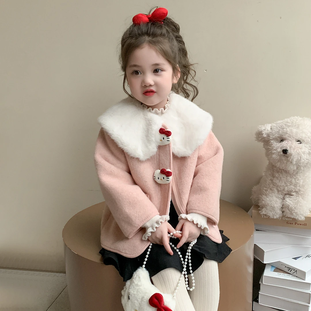 女童kt猫加绒外套秋冬2025新款儿童洋气加厚呢大衣宝宝可爱衣服