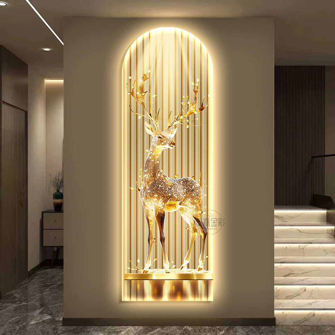 轻奢福鹿玄关装饰画高级感九鱼图入户正对门挂画2025新款带灯壁画