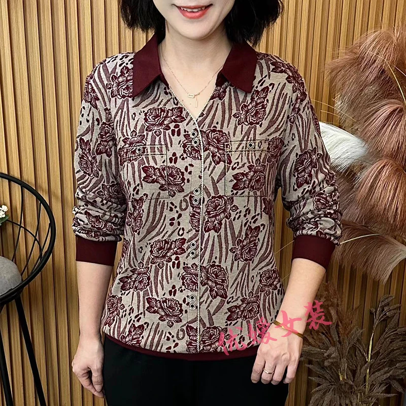 中老年女装秋季气质翻领花色印花宽松显瘦百搭洋气妈妈装长袖上衣