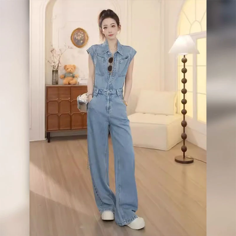 炸街时尚工装休闲裤简约慵懒风无袖蓝色牛仔连体裤女夏季2025新款