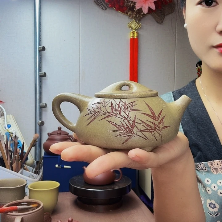 封***山茶壶紫砂景舟石瓢半手，封釉260毫升，青段
